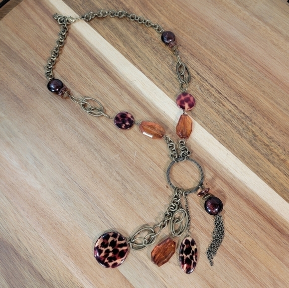 Antique Bronze Metal Statement Necklace with Amber beads and Chain Tassels Boho - Picture 5 of 17